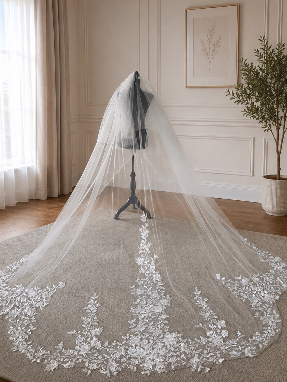 Elegant White Lace Cathedral Wedding Veil with Floral Appliquรฉ